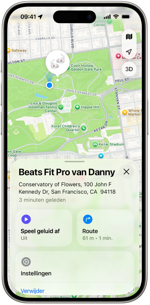 Het scherm van de Zoek mijn-app op de iPhone, met de locatie van de Beats&nbsp;Fit&nbsp;Pro op een kaart van San Francisco.