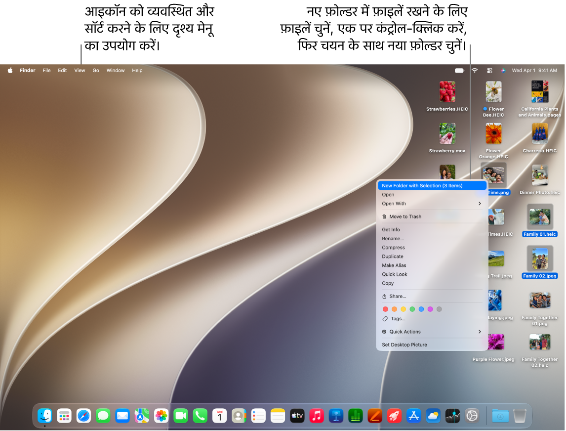 Mac डेस्कटॉप पर वॉलपेपर, सबसे ऊपर मेन्यू बार और नीचे Dock दिखाया गया है
