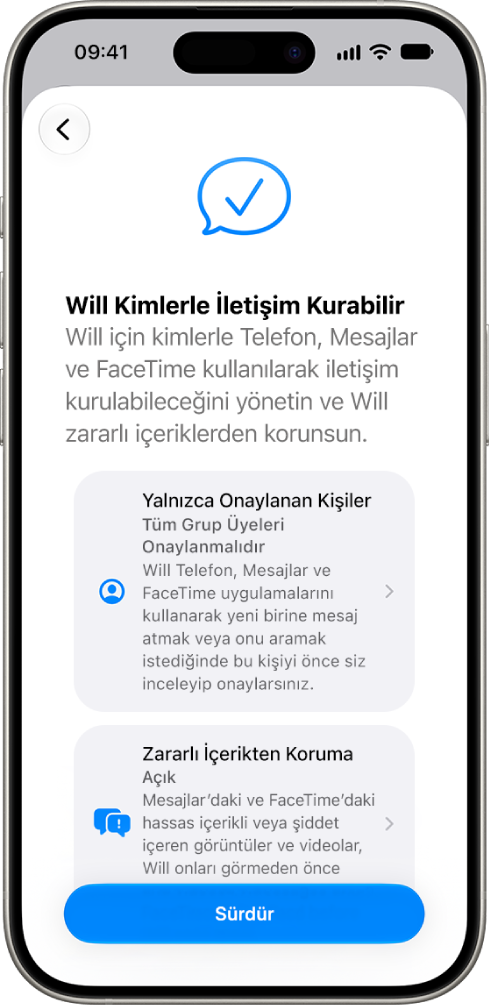 Çocuğun kimlerle iletişim kurabileceğine dair seçenekleri gösteren ebeveyn denetimleri ayarlama ekranı.