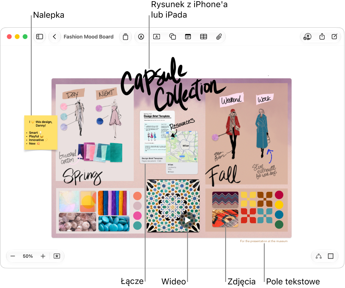 Tablica Freeform zawierająca różne rzeczy, między innymi rysunek z&nbsp;iPhone’a lub iPada, naklejkę, łącze, pole tekstowe, wideo oraz kilka zdjęć.