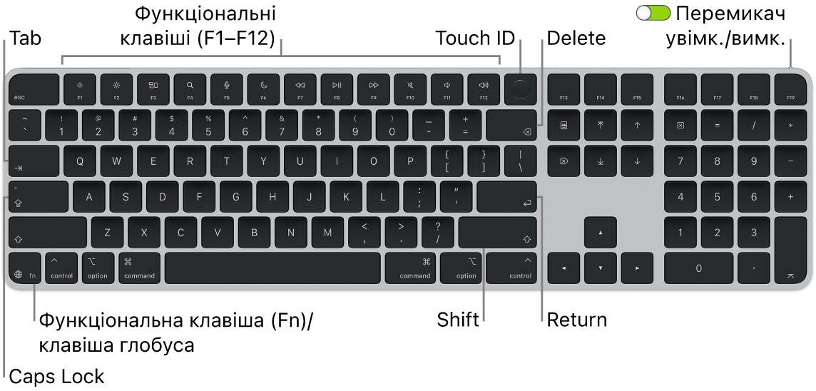 Клавіатура Magic&nbsp;Keyboard із Touch&nbsp;ID і цифровою клавіатурою, ряд функціональних клавіш і Touch&nbsp;ID вгорі, а також функціональна клавіша (Fn)/клавіша глобуса у нижньому лівому кутку.