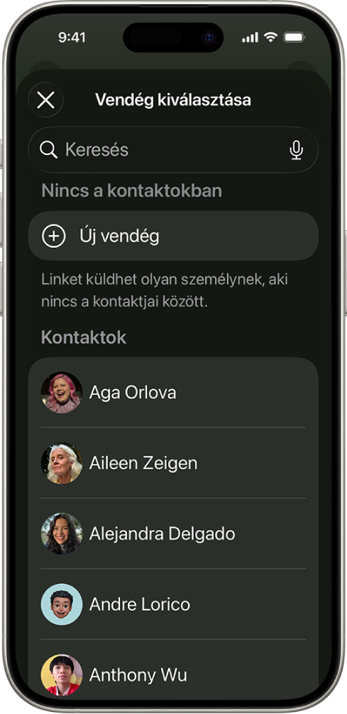 A Vendég kiválasztása képernyő és egy kontaktlista egy iPhone-on.
