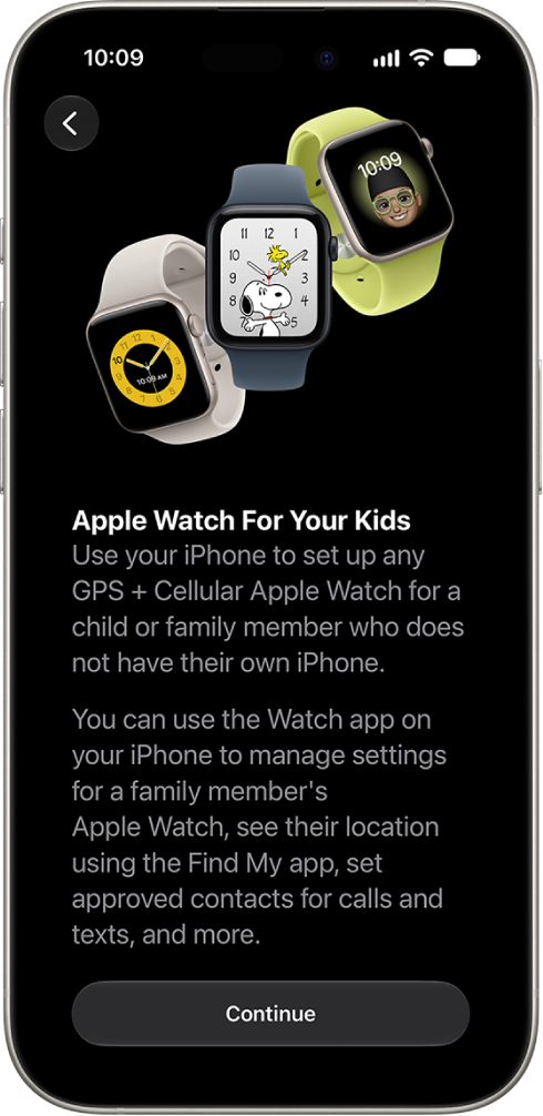 The Set Up an Apple Watch for Your Kid screen showing the option to continue setup.
