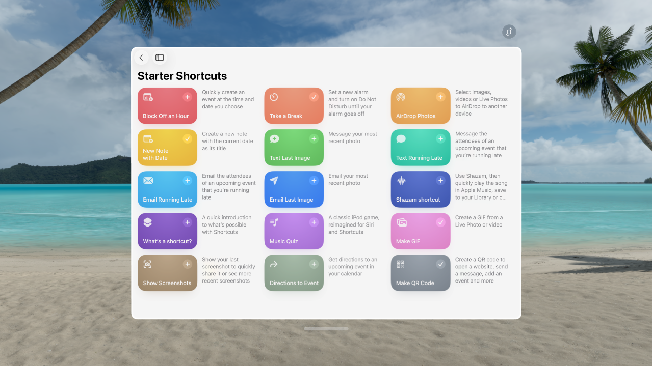 The Shortcuts app on Apple&nbsp;Vision&nbsp;Pro, showing the gallery of pre-made shortcuts.