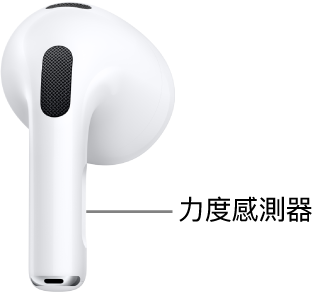 AirPods&nbsp;3 上的力度感測器位置，在每個 AirPods 的耳機柄上。