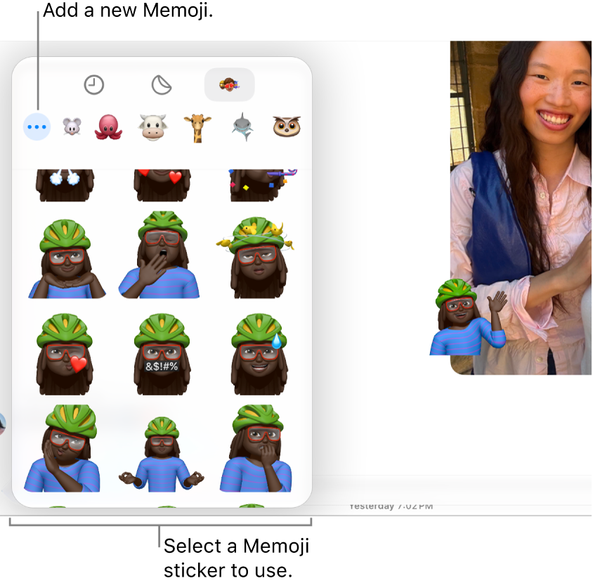 The Messages window showing Memoji options and a Memoji sticker on a message.
