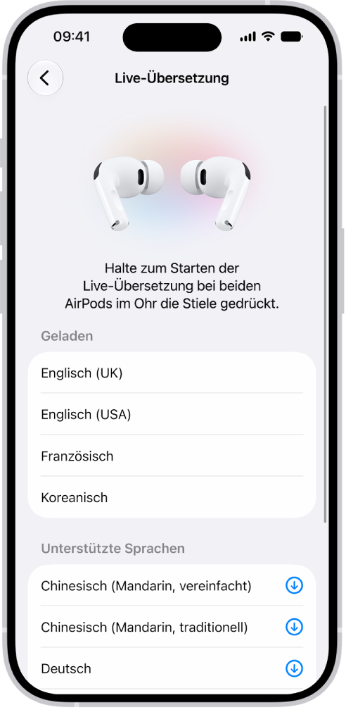 Der Bildschirm „Sprachen“ in den Übersetzungseinstellungen der AirPods zeigt eine Liste mit geladenen und unterstützten Sprachen.