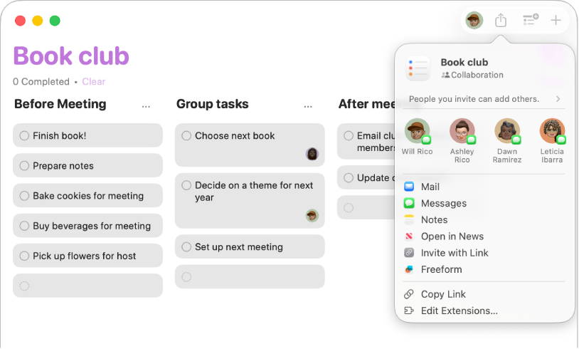 Вікно програми «Нагадування» з кнопкою «Поширити» і спливним меню.