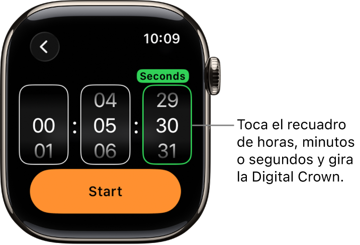 Configuración para crear un temporizador personalizado, con las horas en la izquierda, los minutos en el centro y los segundos en la derecha. Debajo está el botón Iniciar.