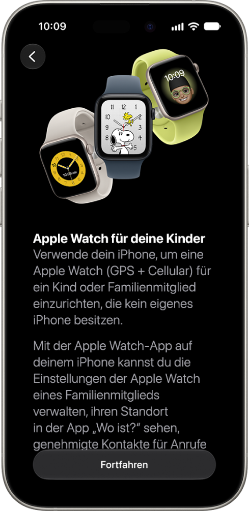 Der Bildschirm „Apple&nbsp;Watch für dein Kind einrichten“ mit der Option zum Fortsetzen des Einrichtungsvorgangs.