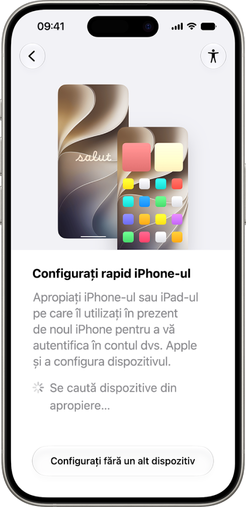 Ecranul Start rapid de pe iPhone căutând dispozitive din apropiere cu opțiunea de configurare fără un alt dispozitiv.