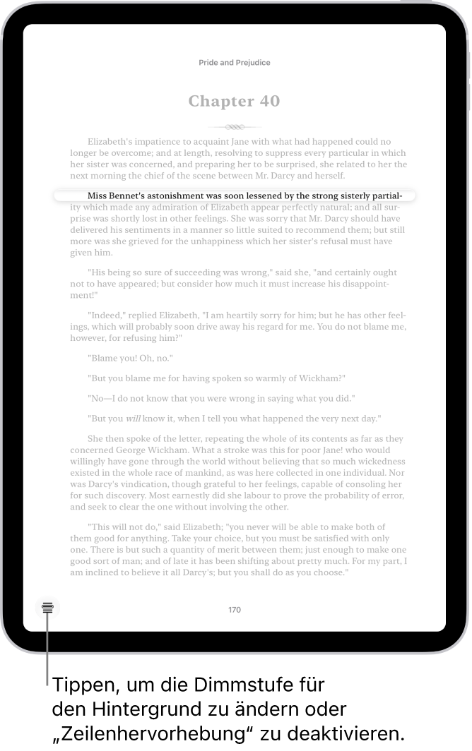Eine Buchseite in der App „Bücher“. Eine Textzeile ist hervorgehoben und der übrige Text abgeblendet. Unten links auf der Seite ist das Menü „Zeilenhervorhebung“.