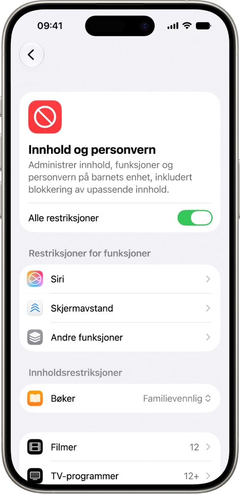 Skjermbildet Innhold og personvern i Skjermtid viser valg for begrensning av funksjoner og innhold.