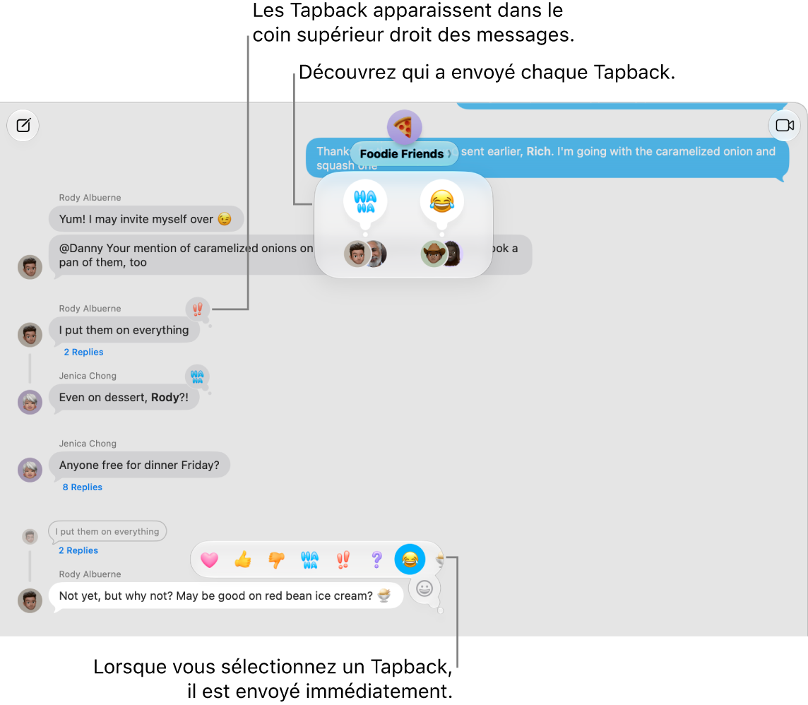 Des Tapbacks apparaissent dans les coins supérieurs de plusieurs messages, ce qui indique des réponses à ces messages. Un ensemble de choix de Tapback apparaît dans un menu. Un historique des personnes ayant envoyé chaque tapback apparaît en haut de la transcription.
