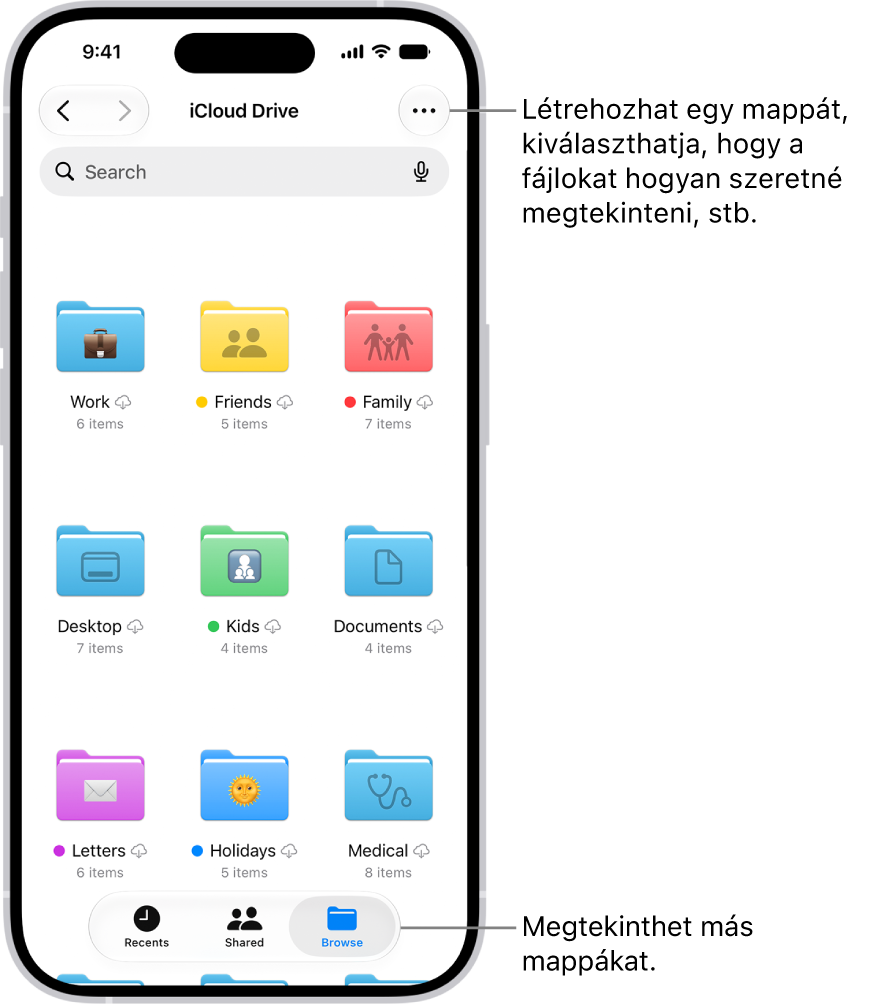 A Fájlok app az iCloud Drive-ban lévő fájlokkal és mappákkal. A Továbbiak menüben különféle opciók érhetők el, amelyekkel elemeket jelölhet ki, létrehozhat egy új mappát, dokumentumokat szkennelhet, és csatlakozhat a szerverhez. Alattuk a képernyőn lévő elemek ikonokként vagy listaként való megtekintésének beállításai láthatók. Alul a Név, a Fajta, a Dátum, a Méret, a Címkék rendezési lehetőségek láthatók, amelyeket a Nézetbeállítások követ.