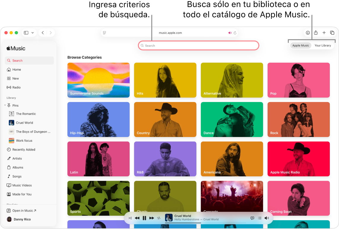 La ventana de Apple Music mostrando el campo de búsqueda en la esquina superior izquierda, la lista de categorías en el centro de la ventana, y la opción Apple Music y Tu biblioteca disponible en la esquina superior derecha.