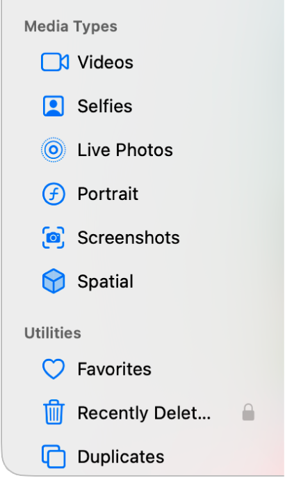 The Photos sidebar showing the different collections in Media Types.