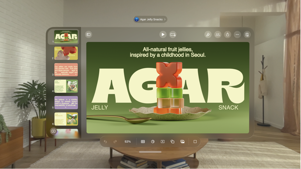 The Keynote app on Apple&nbsp;Vision&nbsp;Pro, showing an open presentation in editing view, with the toolbar visible at the bottom.