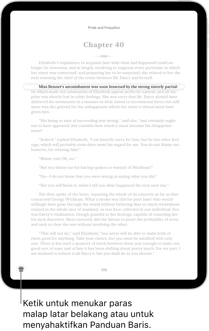 Halaman buku dalam app Buku. Satu baris teks diserlahkan dan teks yang lain dimalapkan. Di penjuru kiri bawah skrin ialah butang Menu Panduan Baris.