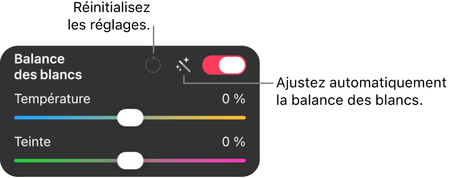 Les commandes de balance des blancs dans la sous-fenêtre «&nbsp;Réglages des couleurs&nbsp;».