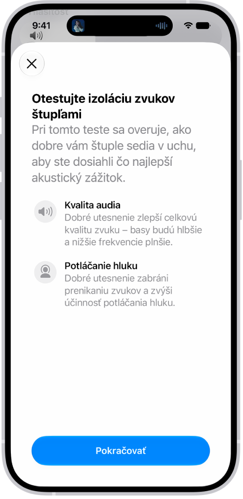 Obrazovka iPhonu so zobrazeným testom izolácie zvukov AirPodov Pro&nbsp;3.