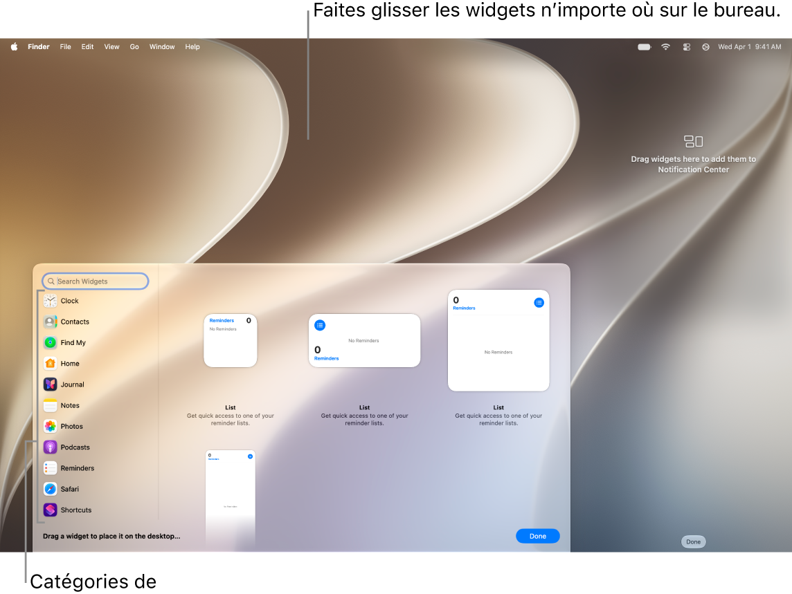 La galerie des widgets, affichant la liste des catégories de widgets à gauche et les widgets disponibles à droite.