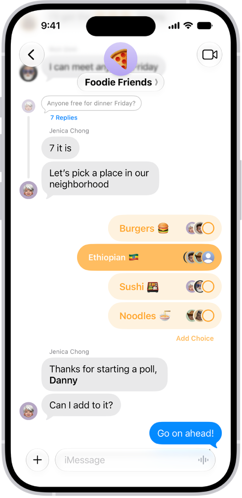 In a Messages conversation, a poll shows options and vote tallies in horizontal bars and.