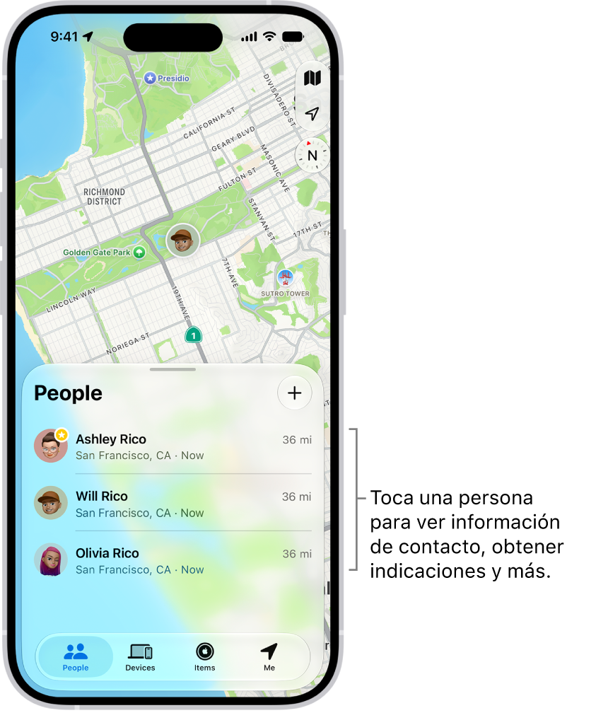 La lista Personas de la app Encontrar, con el botón Agregar en la parte superior. Al tocar una persona en la lista, se muestran su información de contacto, las indicaciones para llegar a su ubicación y más.