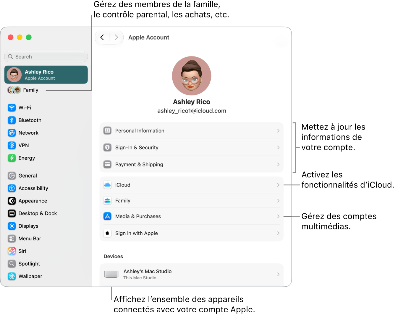 Les réglages du compte&nbsp;Apple dans Réglages&nbsp;Système avec des légendes pour la mise à jour des informations du compte, l’activation ou la désactivation des fonctionnalités iCloud, la gestion des comptes multimédias et la modification des réglages Famille, où vous pouvez gérer les membres de votre famille, le contrôle parental, les achats, et plus encore.