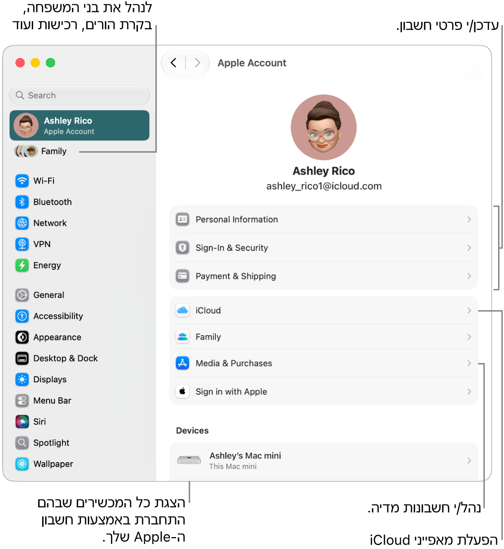 הגדרות חשבון Apple ב״הגדרות המערכת״ עם תיבות הסבר המצביעות על עדכון פרטי החשבון, הפעלה או השבתה של מאפייני iCloud, ניהול חשבונות מדיה ושינוי הגדרות ״משפחה״, שם ניתן לנהל חשבונות של בני המשפחה, בקרות הורים, רכישות ועוד.