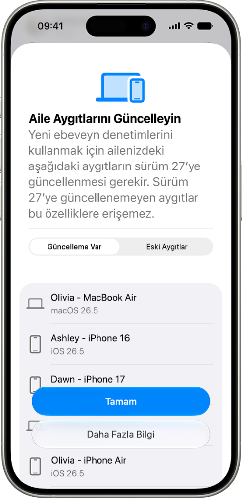 Güncellenmesi gereken aygıtları ve eski aygıtları gösteren Aile Aygıtını Güncelle ekranı.