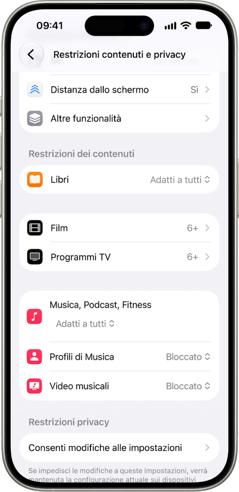 La schermata “Restrizioni contenuti e privacy” nelle impostazioni “Tempo di utilizzo”, che mostra le opzioni per le restrizioni per i contenuti in app come Libri, Film e altro.