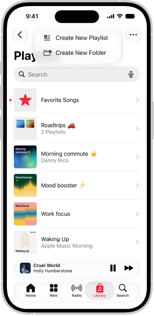 The Library tab showing the list of playlists. At the top are buttons to create a new playlist or create a new folder.