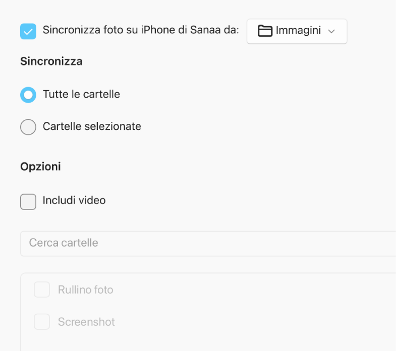 I pulsanti di opzione “Tutte le foto e gli album” e “Album selezionati” vengono visualizzati con sotto le caselle di controllo “Solo preferiti”, “Includi video” e “Includi automaticamente foto da”.