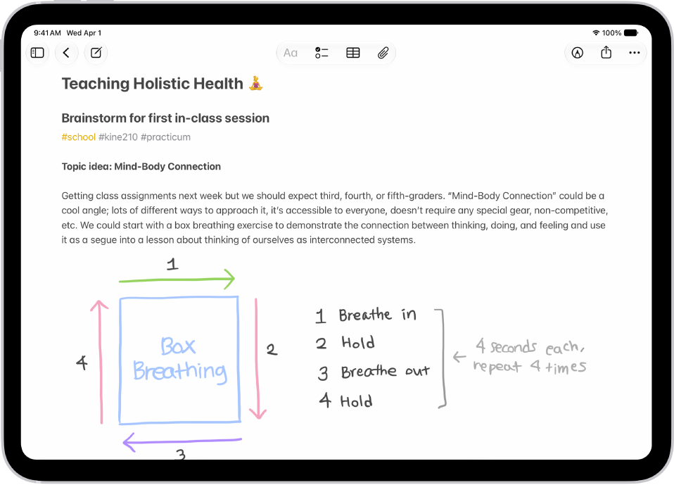 A note for a class brainstorm with tags such as #school and #kine210. The note features a hand-drawn diagram of a box breathing exercise, which illustrates a four-step breathing cycle.