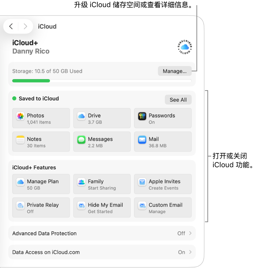 最常用功能的 iCloud 设置。