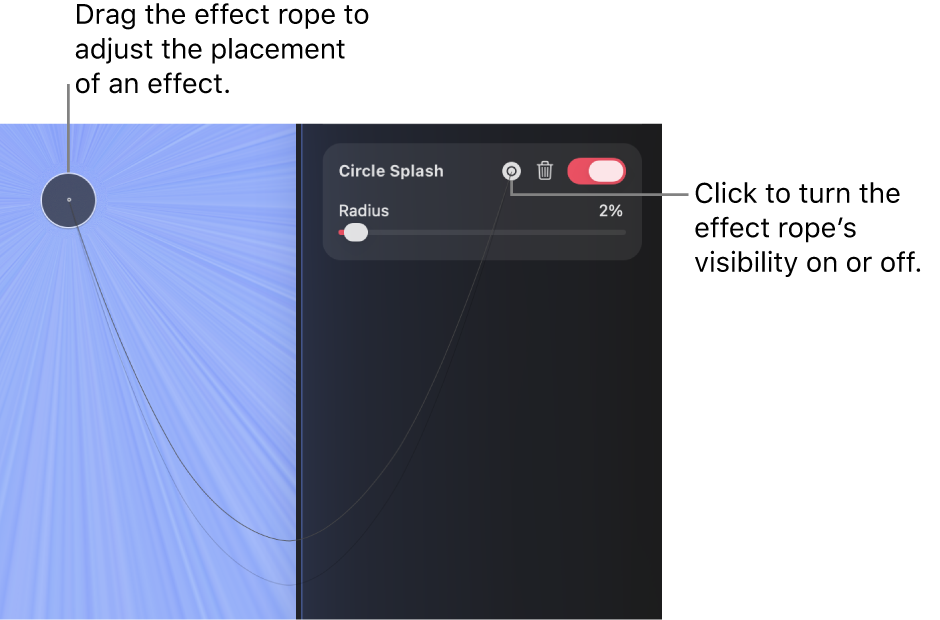 An effects rope shown in the canvas, alongside its activation button in the Effects pane.