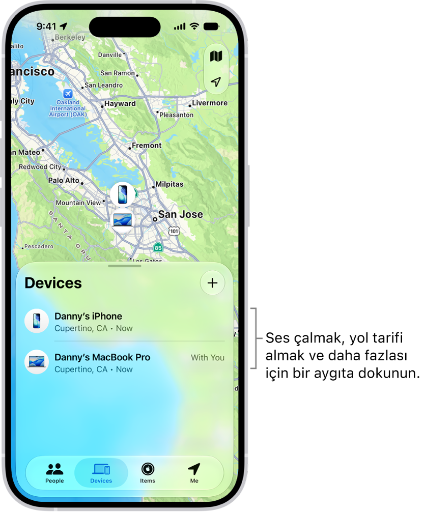 Bul ekranı Aygıtlar listesinde açılmış. Aygıtlar listesinde iki aygıt var: Deniz iPhone’u ve Deniz iPad’i. Konumları bir haritada gösteriliyor.