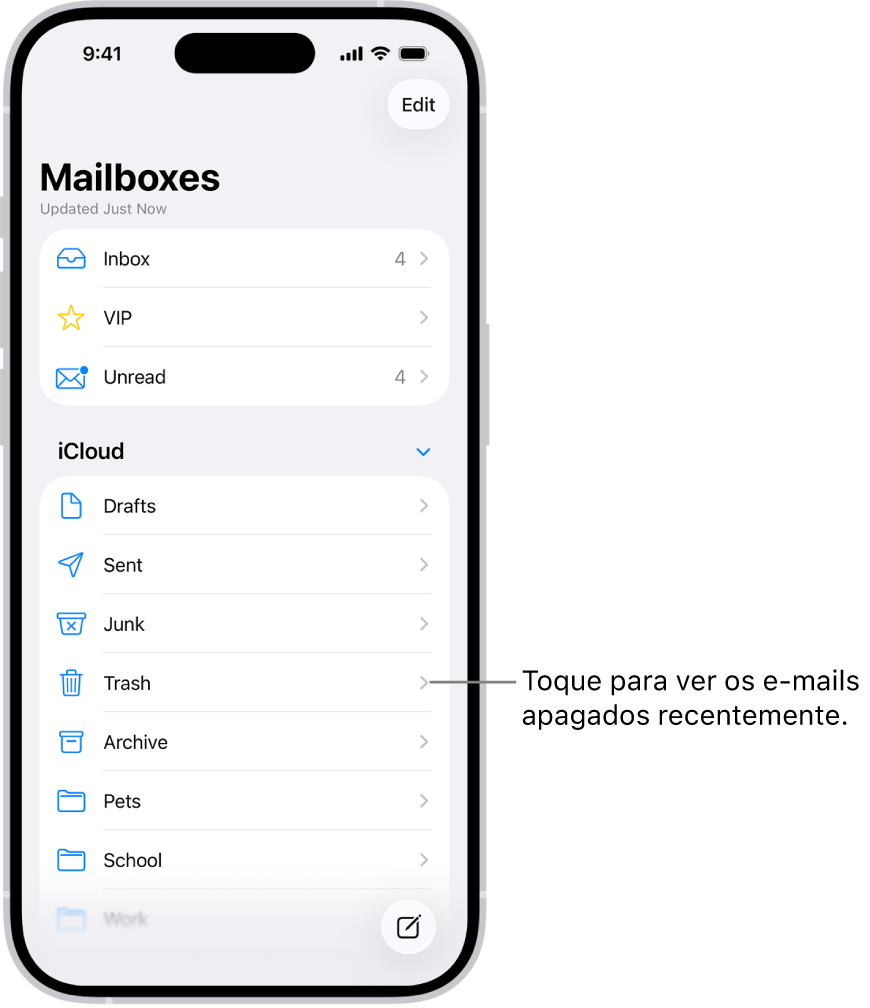 A tela Caixas. Abaixo de iCloud, há caixas listadas de cima para baixo, incluindo a caixa de correio Lixo. Toque nela para ver as mensagens apagadas recentemente.