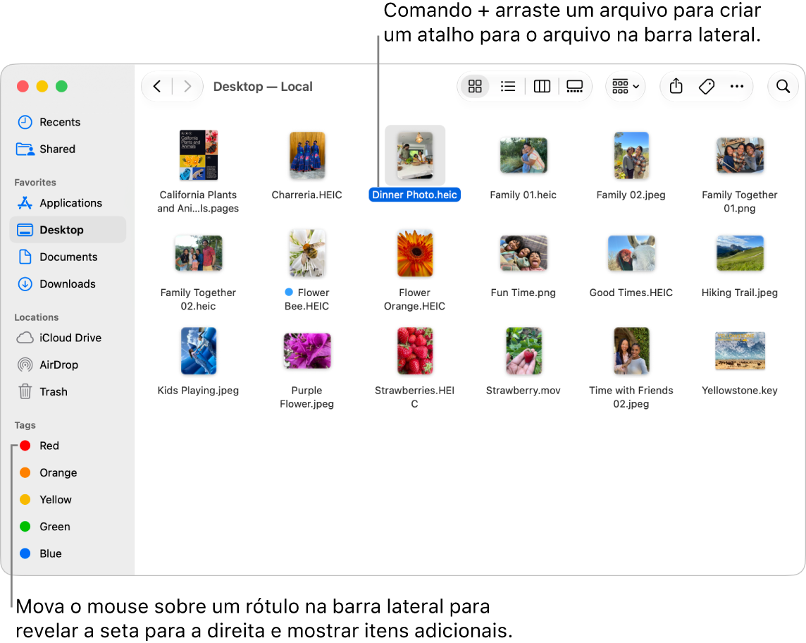 À direita de Localizações na barra lateral do Finder, há uma seta que pode ser clicada para mostrar itens adicionais. Na janela do Finder à direita, um arquivo está selecionado e um atalho para o arquivo está na barra lateral, abaixo de Favoritos.
