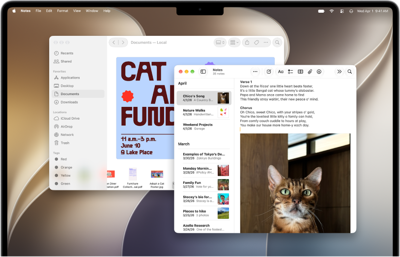 A Mac desktop with the Finder showing and the Notes app open in front of it.