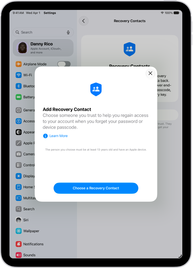 The Account Recovery Contact screen with information about the feature. The Add Recovery Contact button is at the bottom