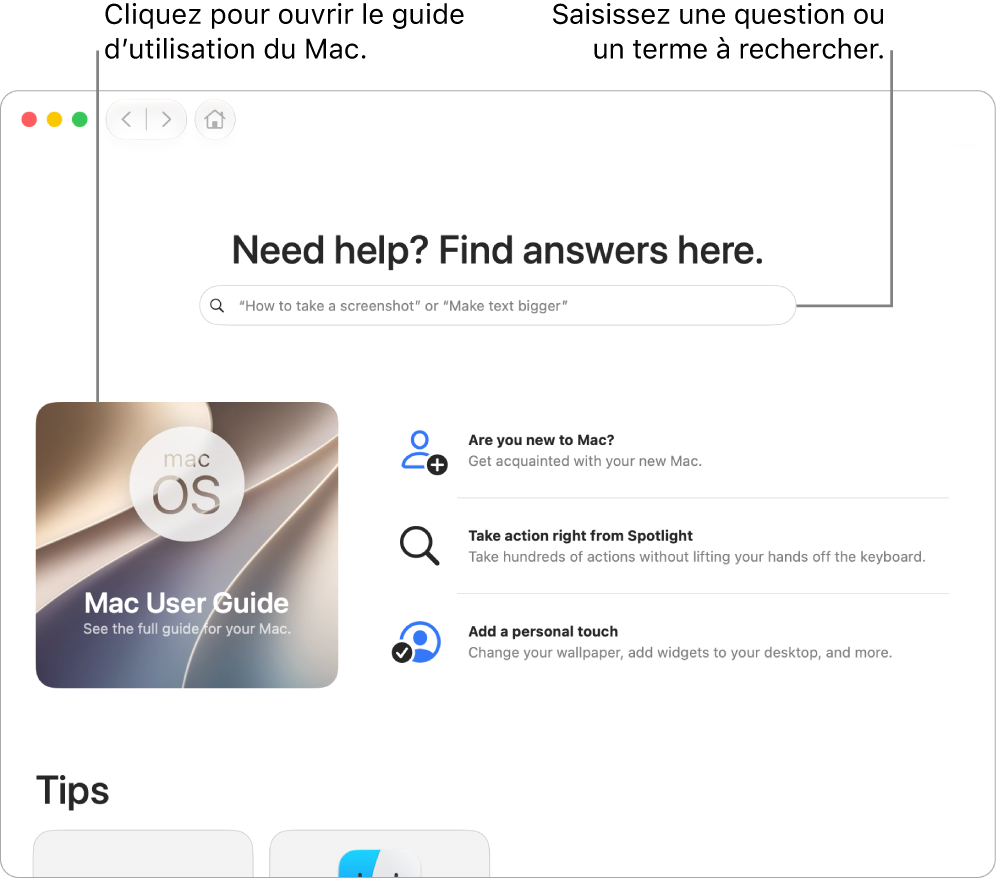 La page d’accueil de l’app Astuces affichant le guide d’utilisation du Mac, le champ de recherche et des rubriques suggérées.