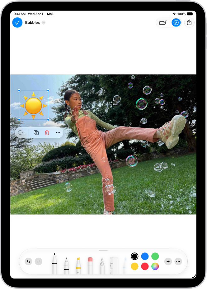 In Mail, a PDF of an attachment has text added and a sticker of an emoji. Below the webpage are the markup tools.