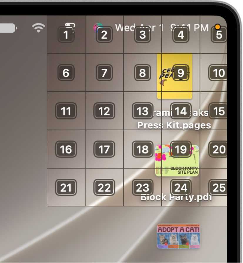 屏幕右上角显示了网格，Numbers 文稿和 Keynote 文稿位于此处。 网格中的每个单元格都带有编号。
