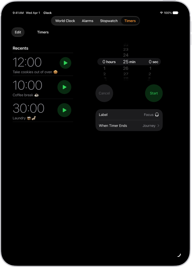 The Timers tab showing settings to set a timer. A recently created timer is below the timer settings. The World Clock, Alarm, Stopwatch, and Timers buttons are along the bottom.
