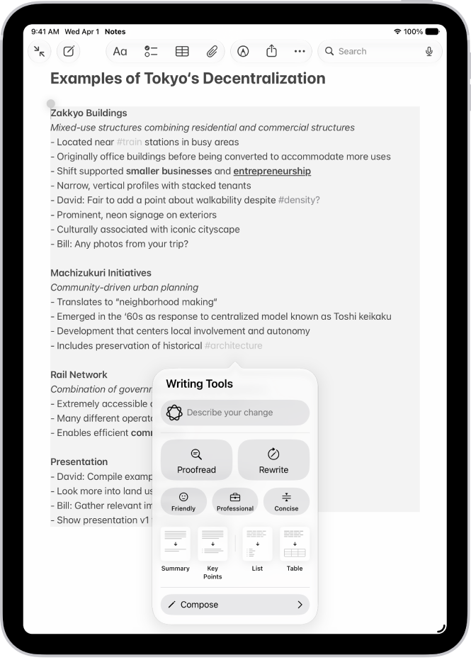 An iPad showing text in the Notes app. The Writing Tools window appears at the bottom of the screen.