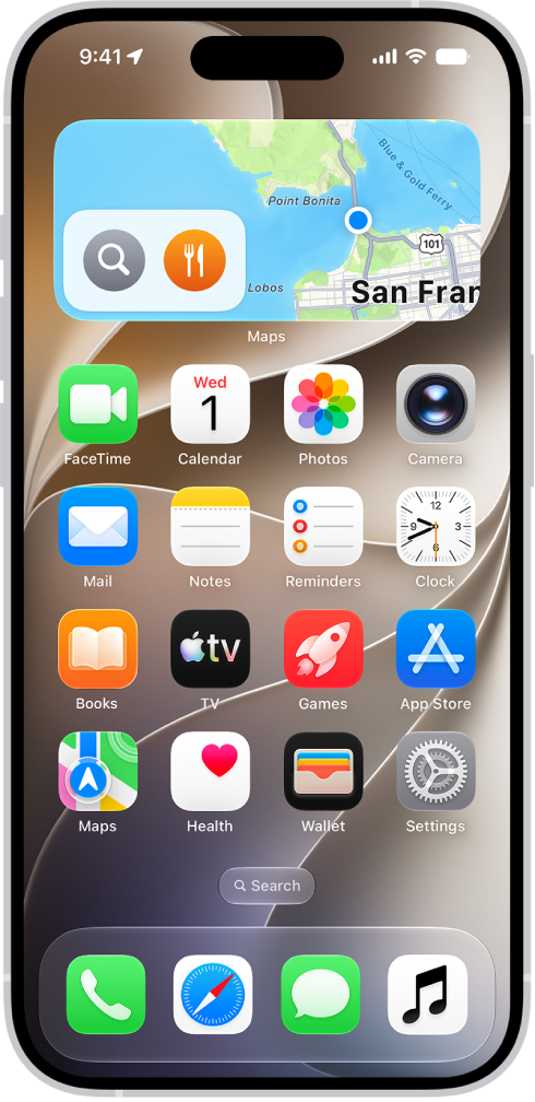 iPhone Home ဖန်သားပြင်ပေါ်ရှိ Maps အလွယ်သုံးပုံစံ၊ အခြားအလွယ်သုံးပုံစံများနှင့် အက်ပ် သင်္ကေတများ။