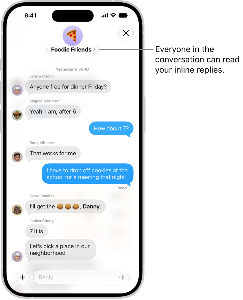 Composing an inline reply in a group conversation in Messages. Another person in the conversation is mentioned, so their name appears in bold.