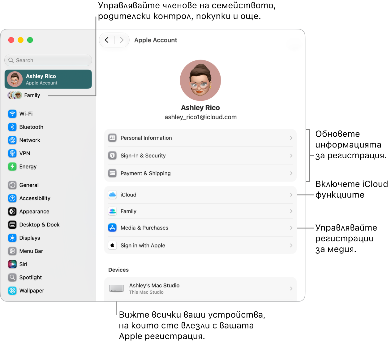 Настройките на Apple регистрация в System Settings (Системни настройки) с надписи за обновяване на информацията за регистрацията, включване и изключване на функциите на iCloud, управление на регистрации за медийно съдържание и настройки на Family (Семейство), от които можете да управлявате членовете на семейството, родителски контрол, покупки и други.